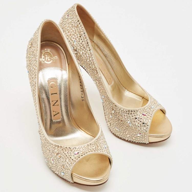 Pre Owned Gina Gold Satin Crystal Embellished Pumps 36.5