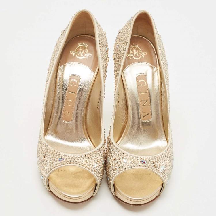 Pre Owned Gina Gold Satin Crystal Embellished Pumps 36.5