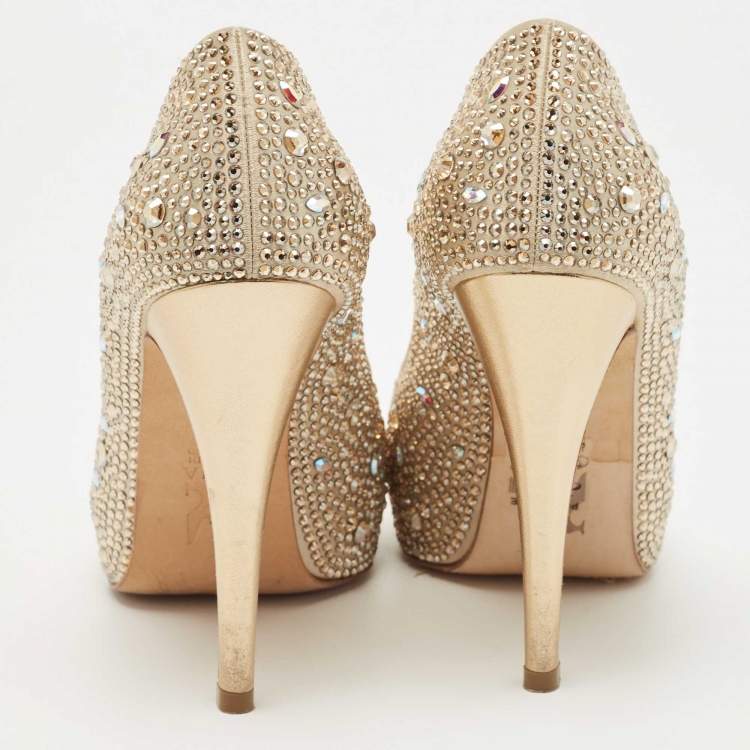 Pre Owned Gina Gold Satin Crystal Embellished Pumps 36.5