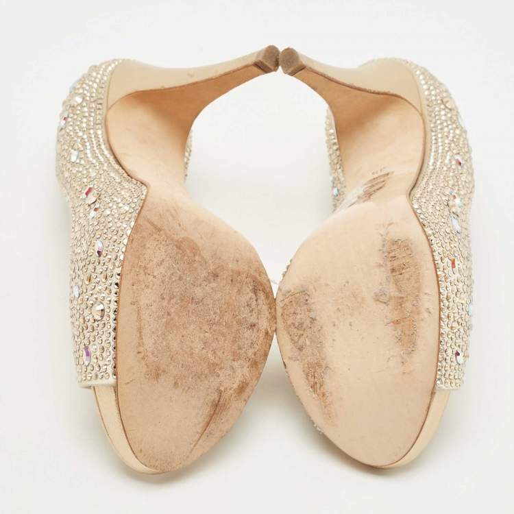Pre Owned Gina Gold Satin Crystal Embellished Pumps 36.5
