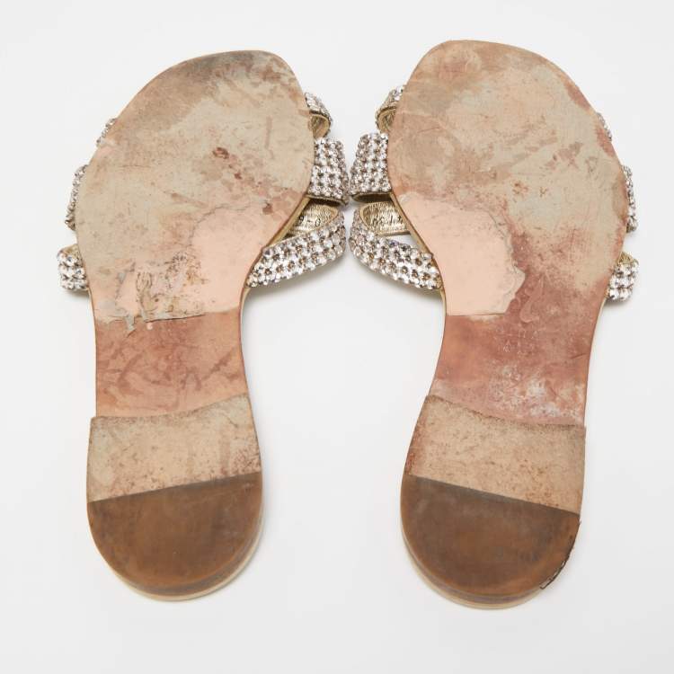 Pre Owned Gina Green Patent Embellished Flat Slides Size 39.5