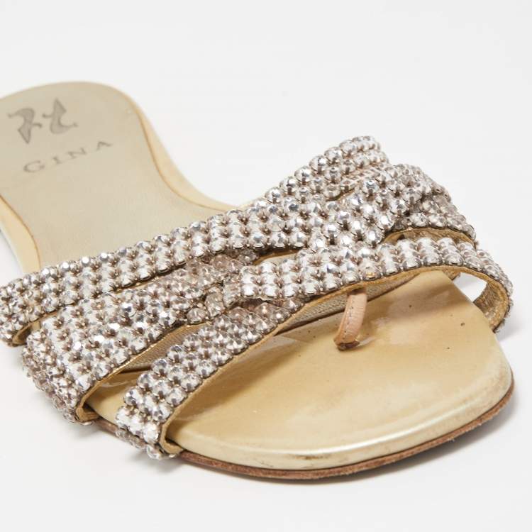 Pre Owned Gina Green Patent Embellished Flat Slides Size 39.5