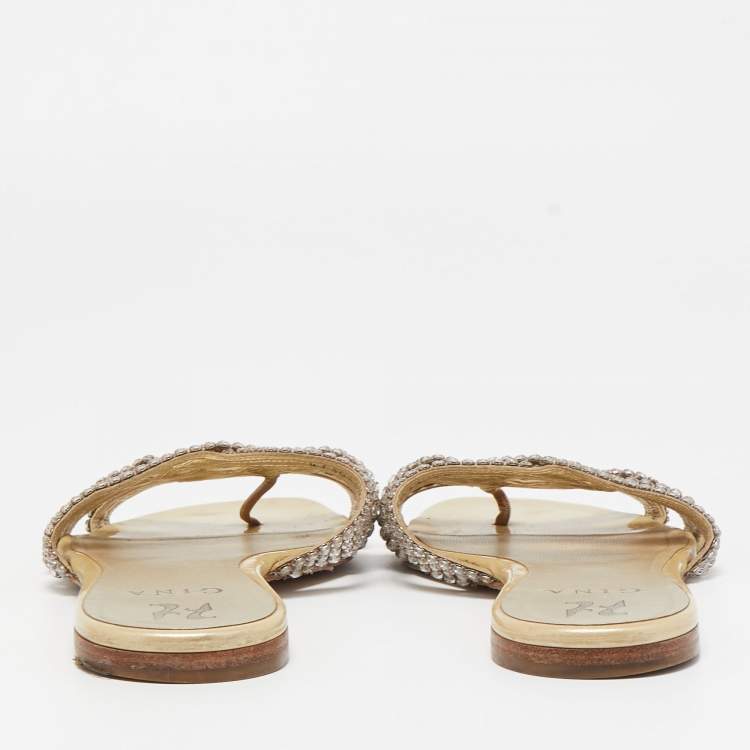 Pre Owned Gina Green Patent Embellished Flat Slides Size 39.5