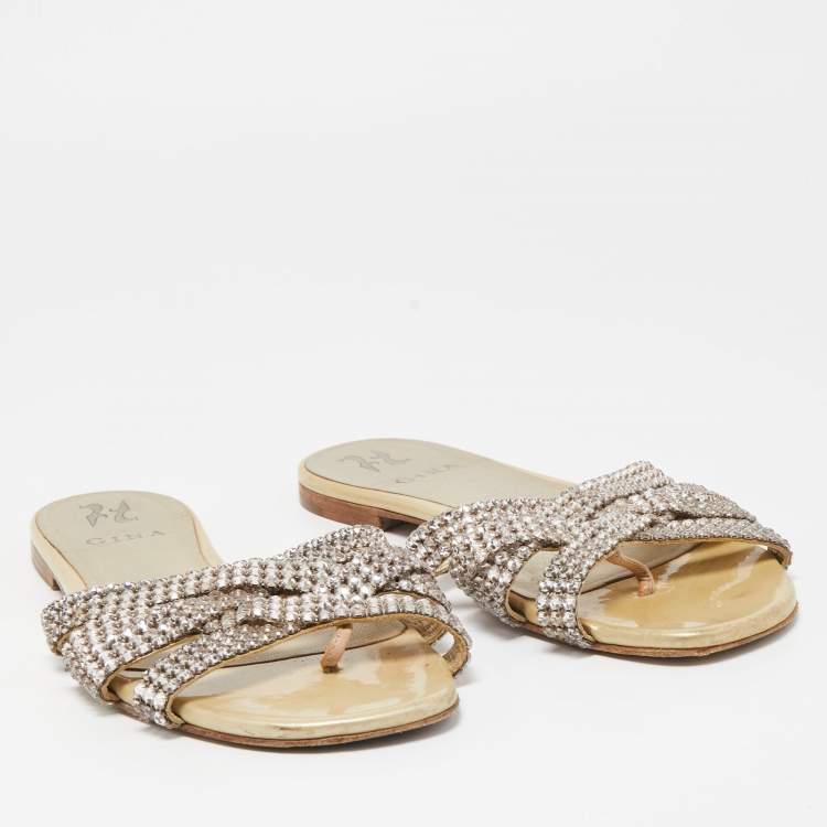 Pre Owned Gina Green Patent Embellished Flat Slides Size 39.5