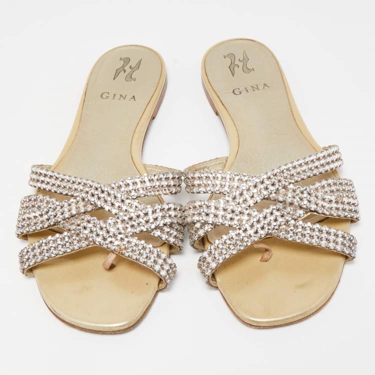 Pre Owned Gina Green Patent Embellished Flat Slides Size 39.5