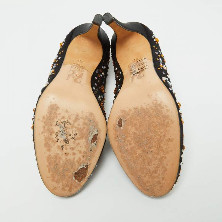 Pre Owned Gina Black Satin Crystal Embellished Pumps Size 36.5
