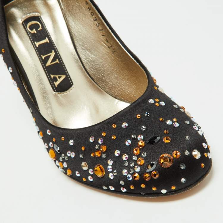 Pre Owned Gina Black Satin Crystal Embellished Pumps Size 36.5