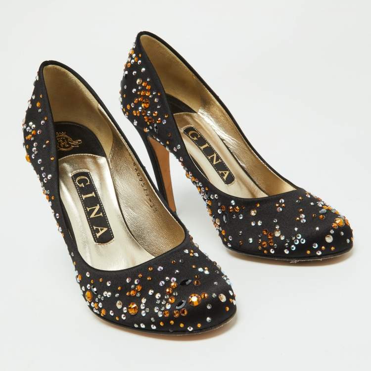 Pre Owned Gina Black Satin Crystal Embellished Pumps Size 36.5