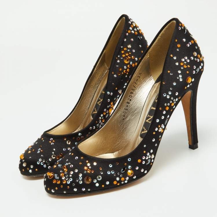 Pre Owned Gina Black Satin Crystal Embellished Pumps Size 36.5