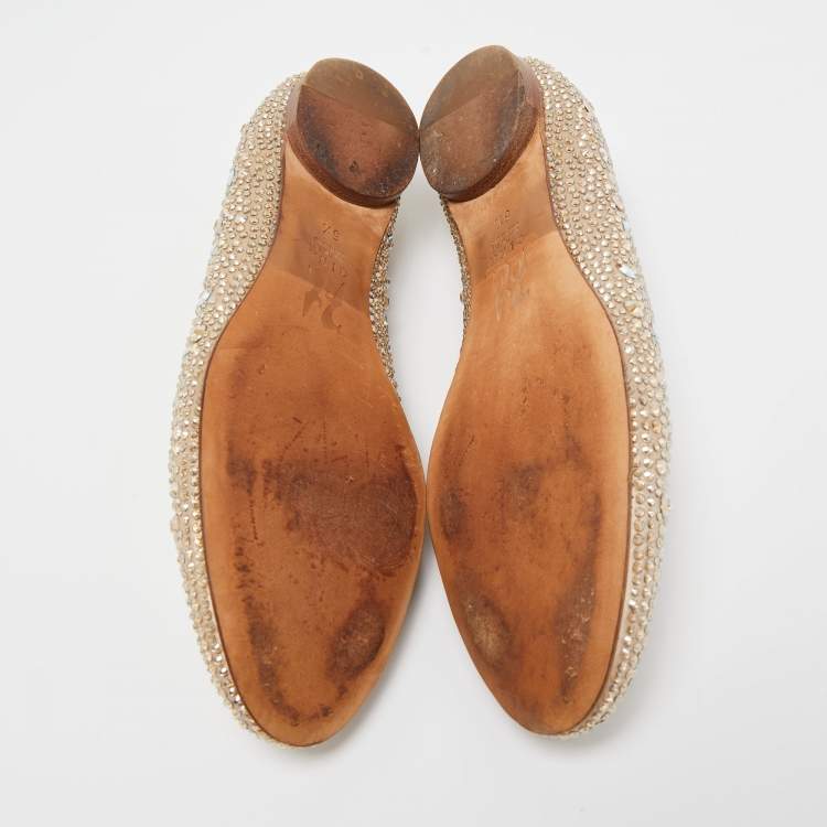 Pre Owned Gina Beige Satin Crystal Embellished Ballet Flats Size 38.5