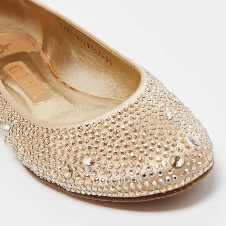 Pre Owned Gina Beige Satin Crystal Embellished Ballet Flats Size 38.5