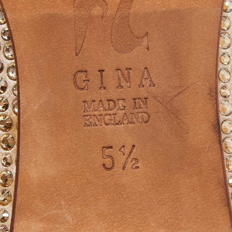 Pre Owned Gina Beige Satin Crystal Embellished Ballet Flats Size 38.5