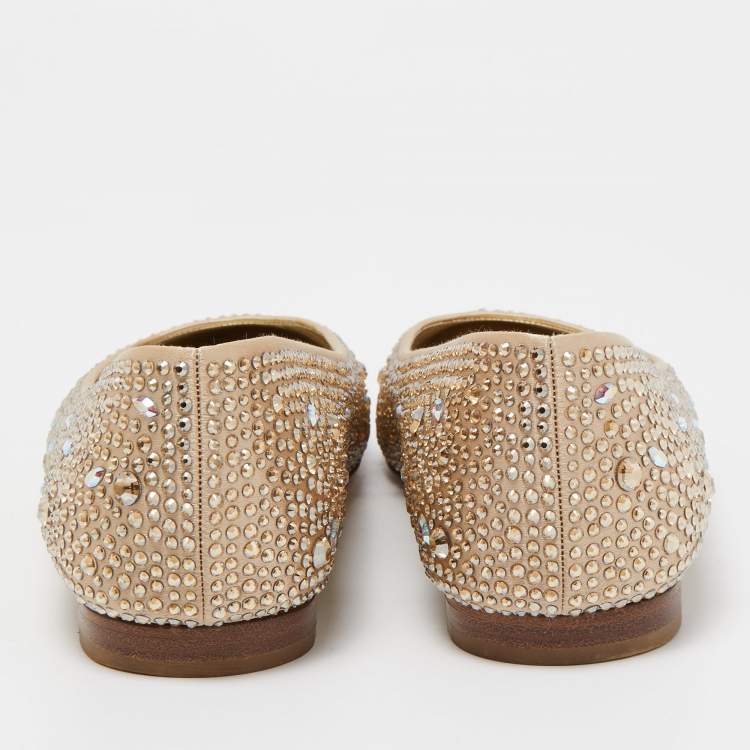 Pre Owned Gina Beige Satin Crystal Embellished Ballet Flats Size 38.5
