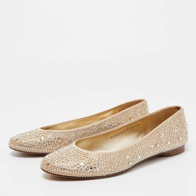 Pre Owned Gina Beige Satin Crystal Embellished Ballet Flats Size 38.5