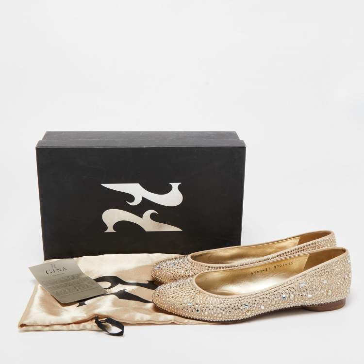 Pre Owned Gina Beige Satin Crystal Embellished Ballet Flats Size 38.5