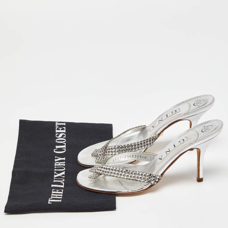 Pre Owned Gina Silver Crystal Embellished Leather Thong Sandals Size 37