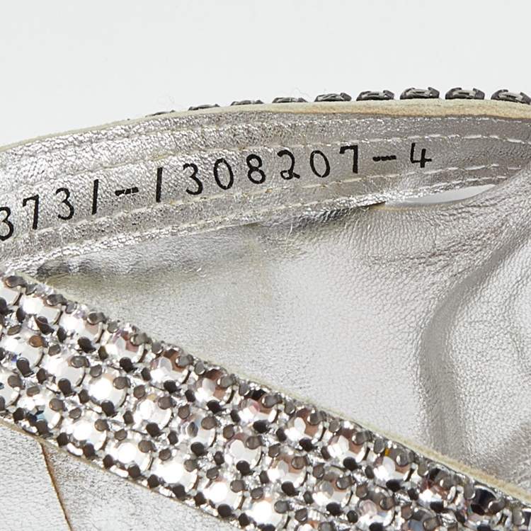 Pre Owned Gina Silver Crystal Embellished Leather Thong Sandals Size 37