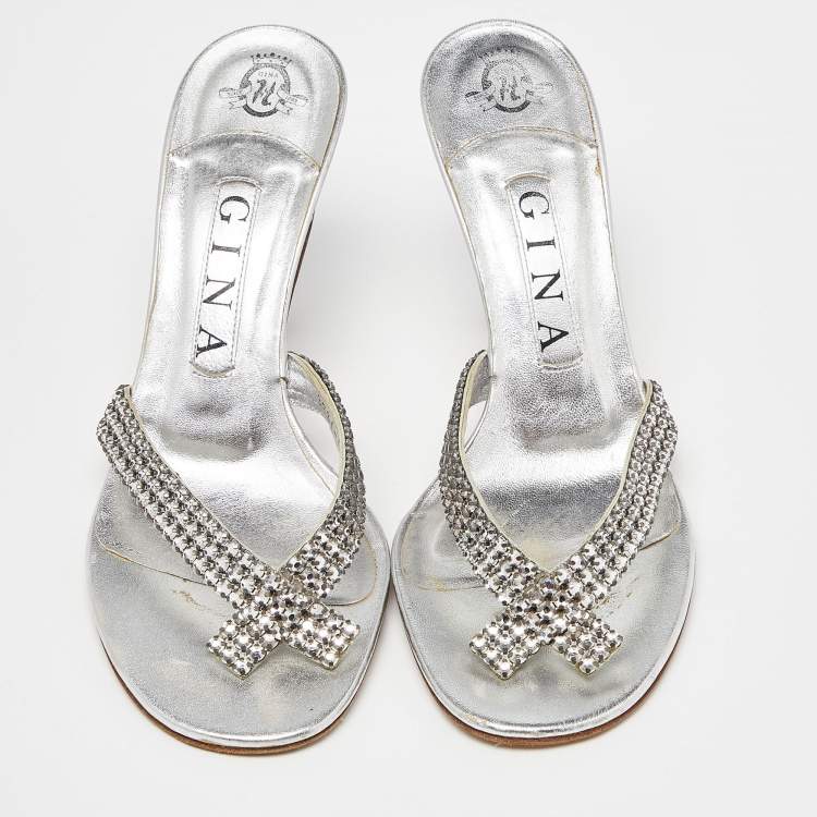 Pre Owned Gina Silver Crystal Embellished Leather Thong Sandals Size 37