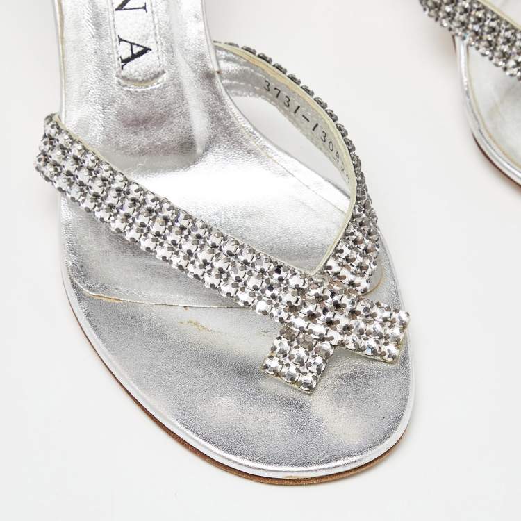 Pre Owned Gina Silver Crystal Embellished Leather Thong Sandals Size 37