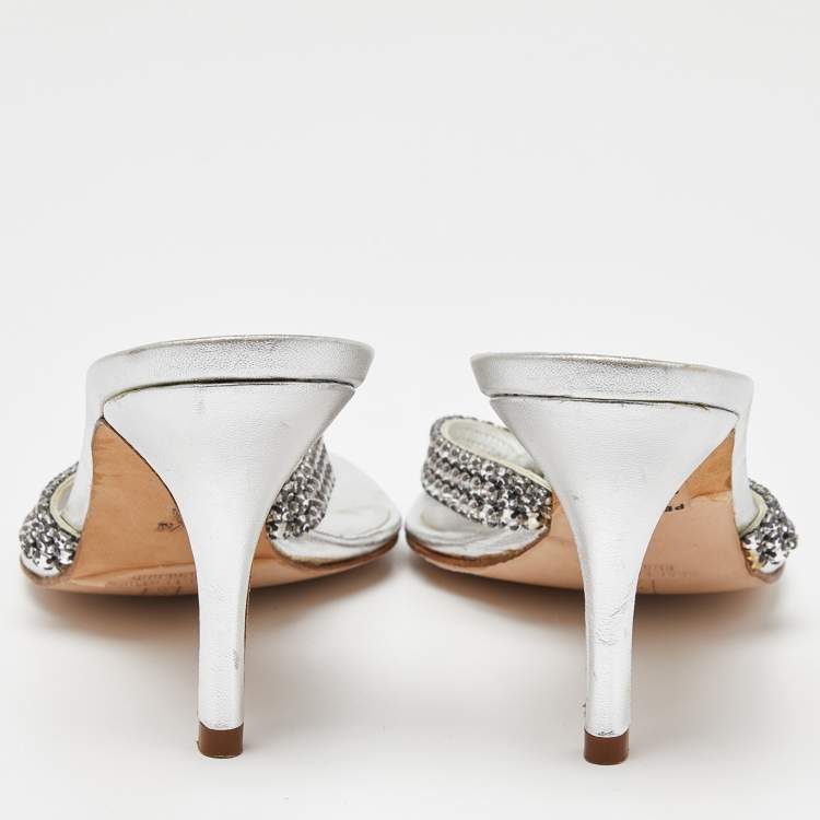 Pre Owned Gina Silver Crystal Embellished Leather Thong Sandals Size 37