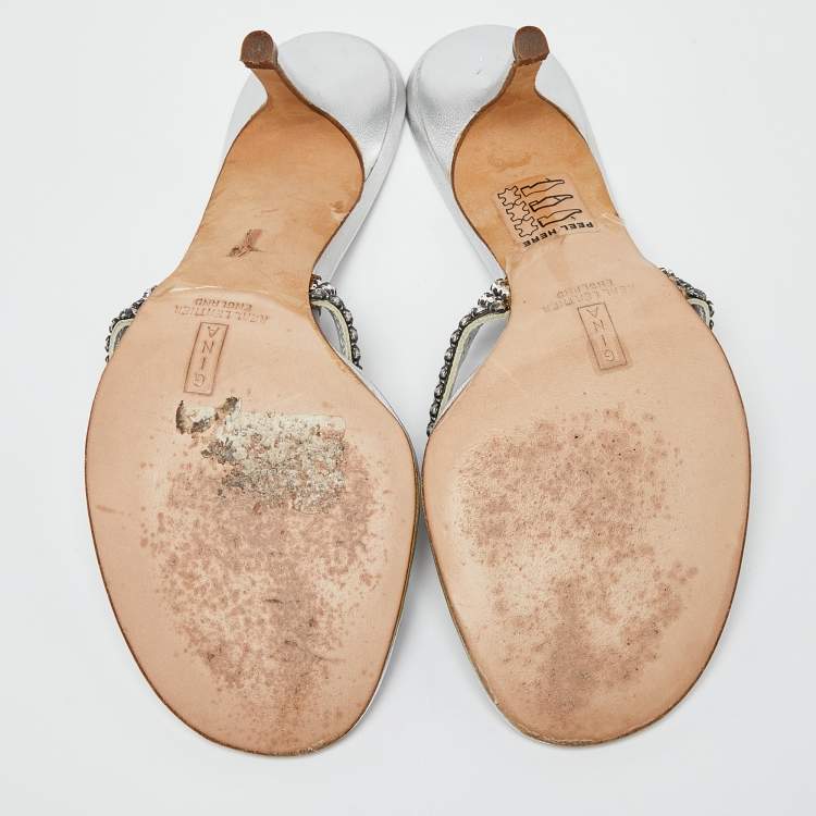 Pre Owned Gina Silver Crystal Embellished Leather Thong Sandals Size 37