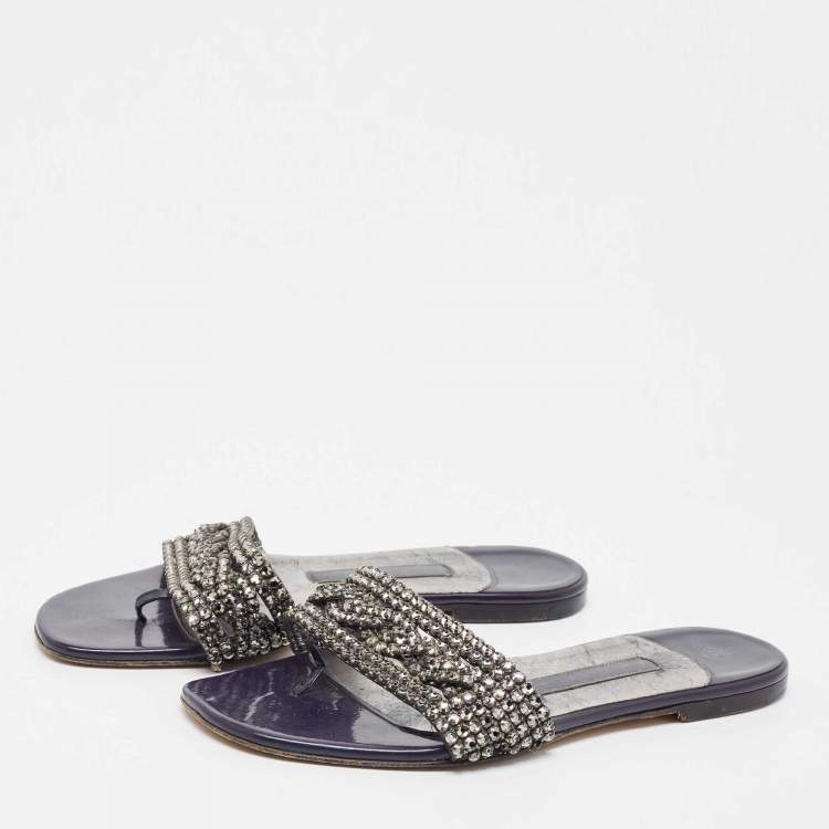 Pre Owned Gina Metallic/Navy Blue Crystal Embellished Leather Thong Flat Slides Size 36.5