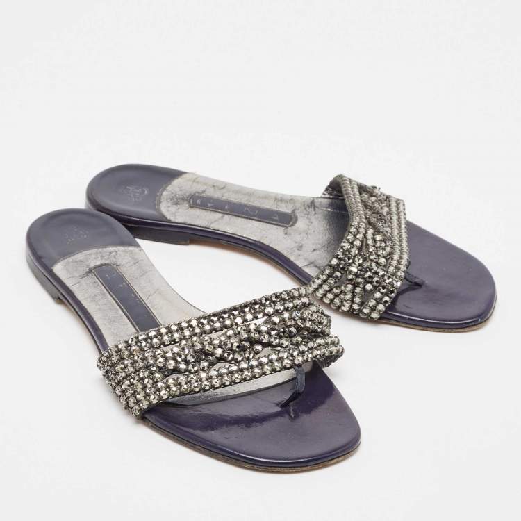 Pre Owned Gina Metallic/Navy Blue Crystal Embellished Leather Thong Flat Slides Size 36.5