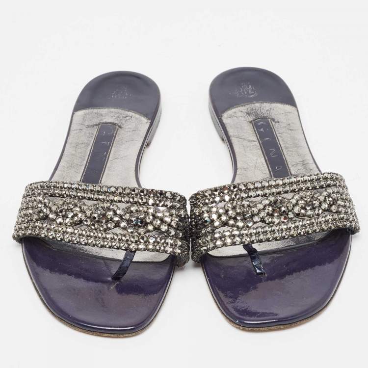 Pre Owned Gina Metallic/Navy Blue Crystal Embellished Leather Thong Flat Slides Size 36.5