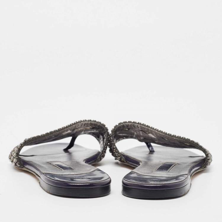 Pre Owned Gina Metallic/Navy Blue Crystal Embellished Leather Thong Flat Slides Size 36.5