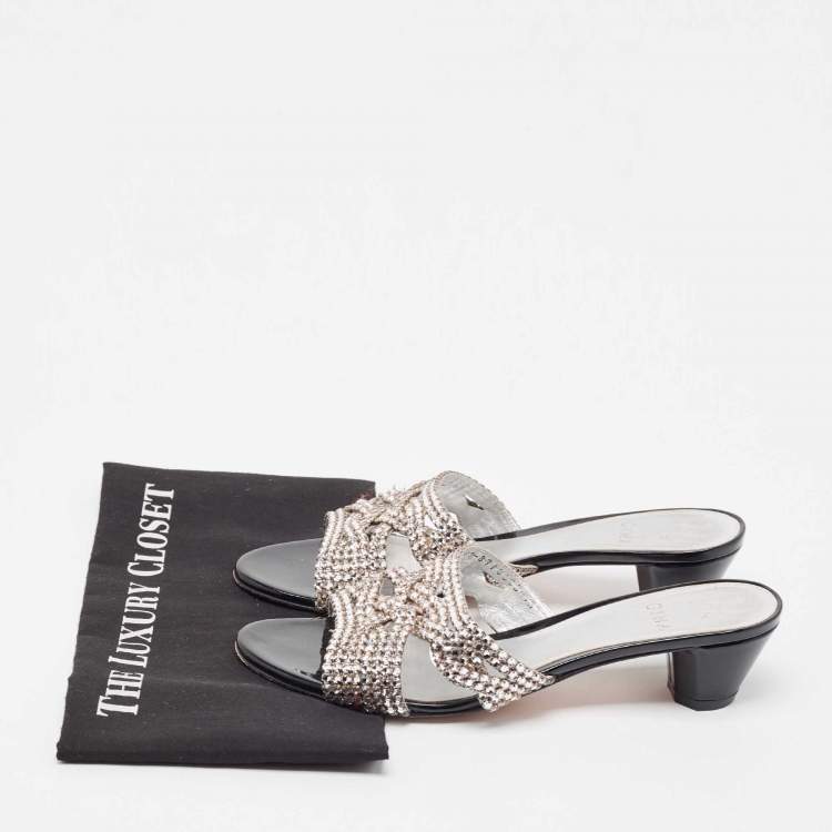 مملوكة مسبقًا Gina Silver Leather Crystal Embellished Slide Sandals Size 40.5