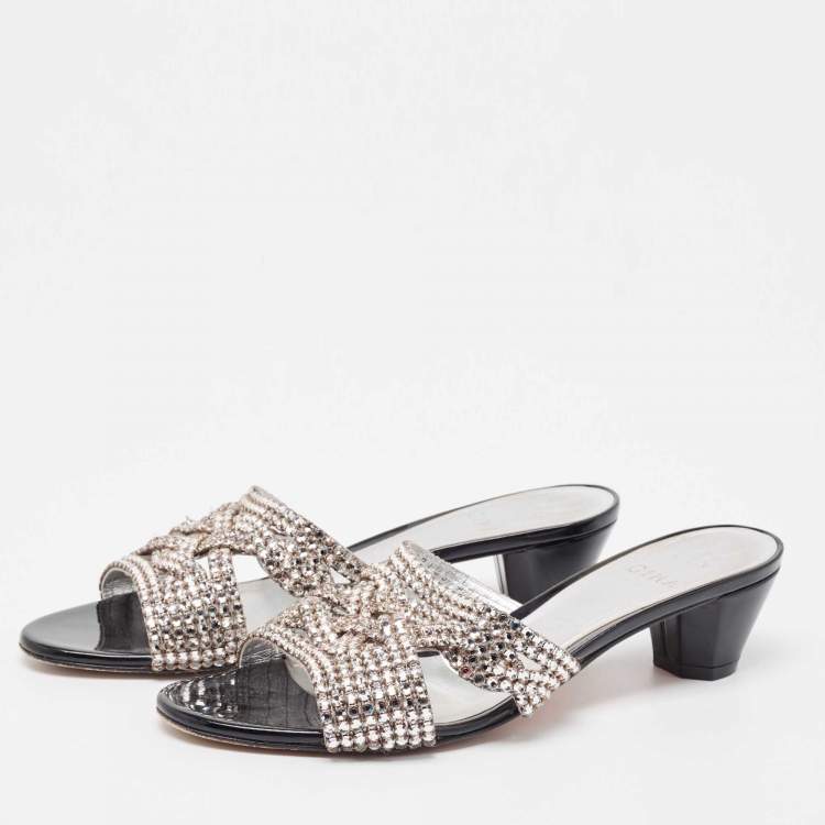 مملوكة مسبقًا Gina Silver Leather Crystal Embellished Slide Sandals Size 40.5