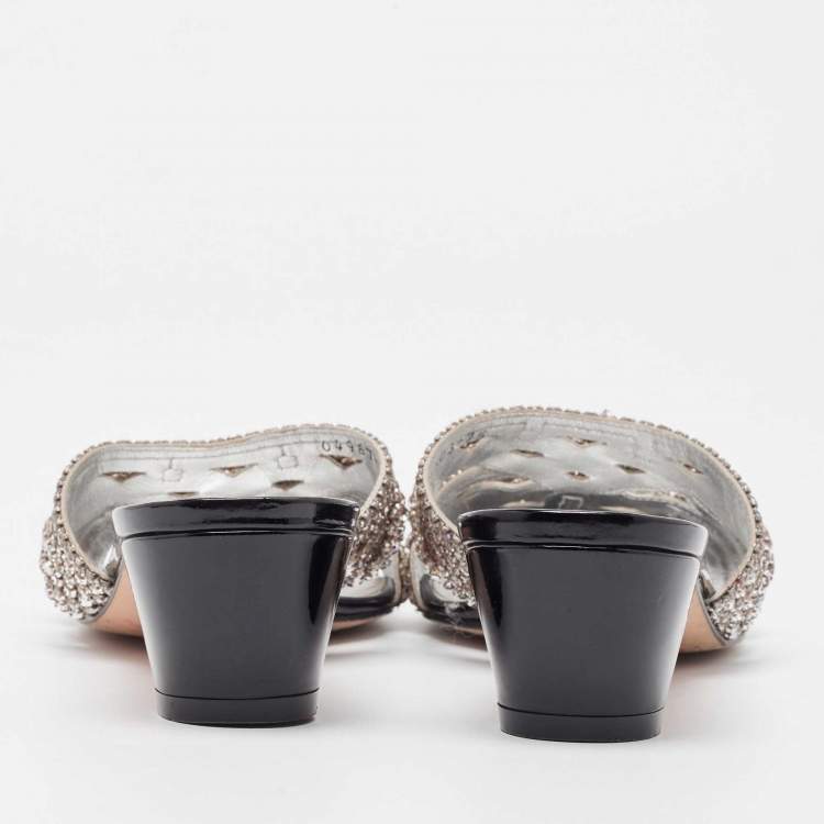 مملوكة مسبقًا Gina Silver Leather Crystal Embellished Slide Sandals Size 40.5