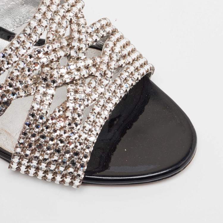 مملوكة مسبقًا Gina Silver Leather Crystal Embellished Slide Sandals Size 40.5