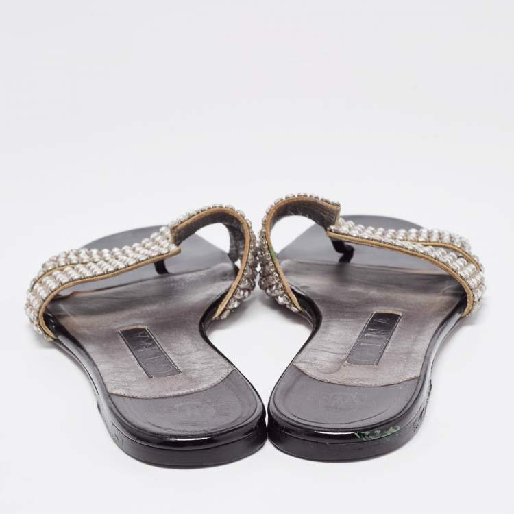 Pre Owned Gina Silver Leather Crystal Embellished Flat Slides Size 37