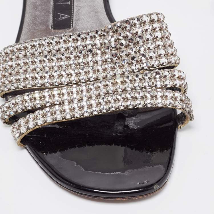Pre Owned Gina Silver Leather Crystal Embellished Flat Slides Size 37