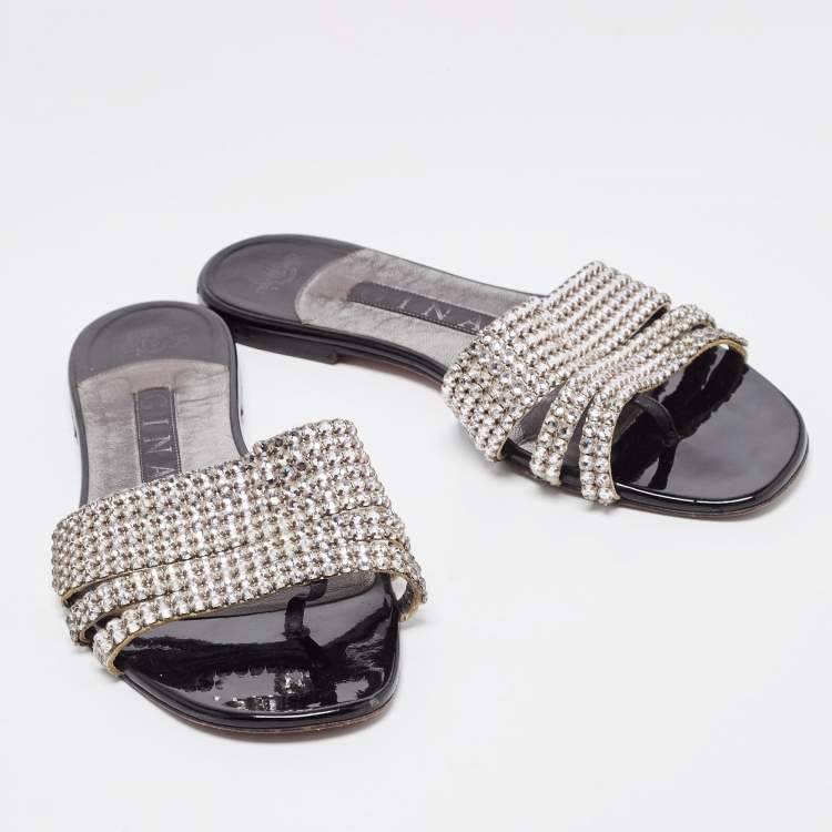 Pre Owned Gina Silver Leather Crystal Embellished Flat Slides Size 37
