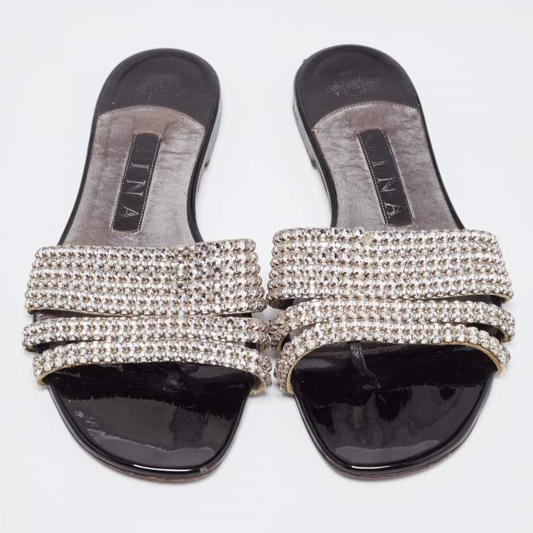 Pre Owned Gina Silver Leather Crystal Embellished Flat Slides Size 37