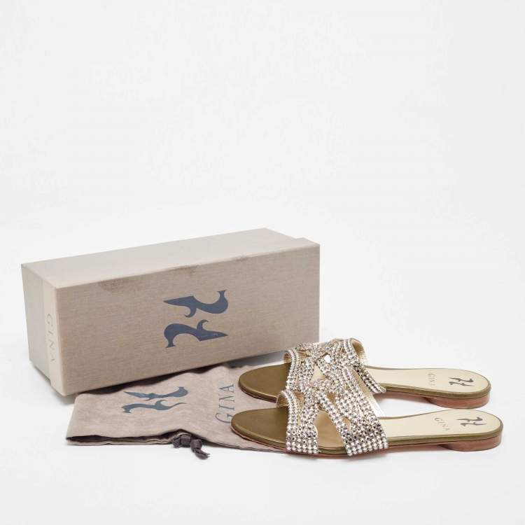 Pre Owned Gina Gold Crystal Embellished Leather Strappy Flat Slides Size 40