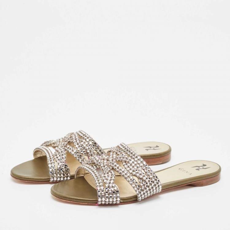 Pre Owned Gina Gold Crystal Embellished Leather Strappy Flat Slides Size 40
