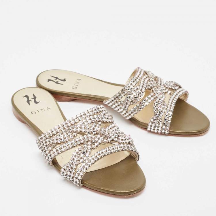 Pre Owned Gina Gold Crystal Embellished Leather Strappy Flat Slides Size 40