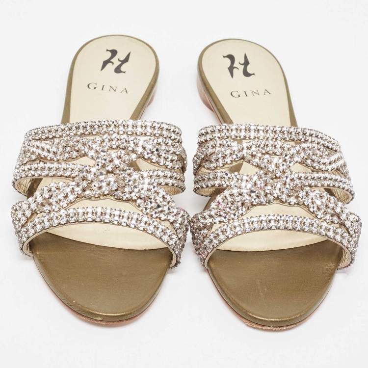 Pre Owned Gina Gold Crystal Embellished Leather Strappy Flat Slides Size 40