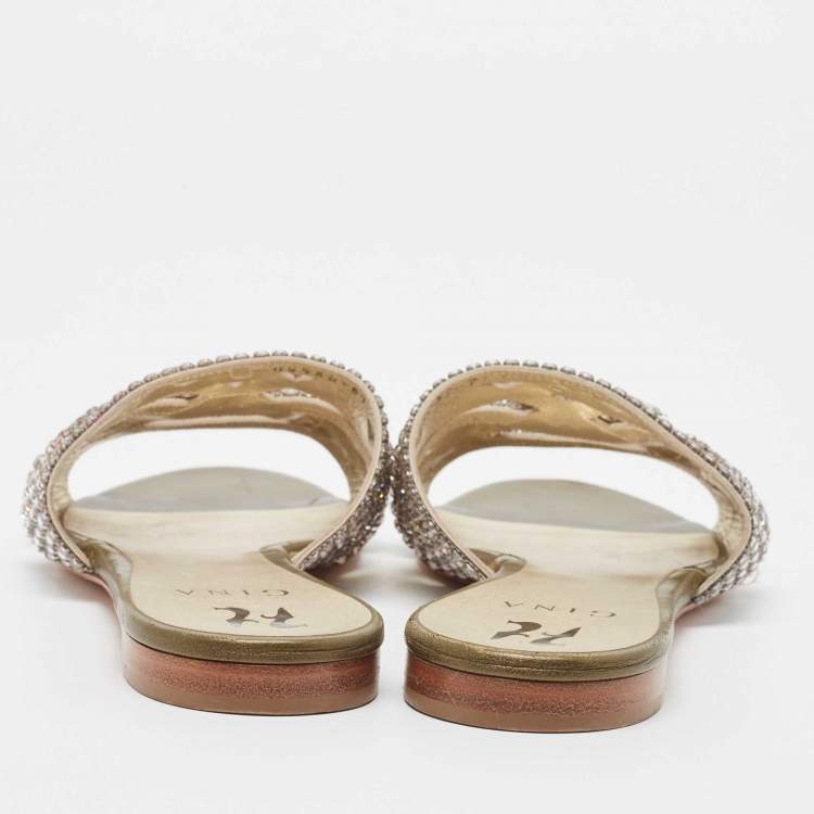 Pre Owned Gina Gold Crystal Embellished Leather Strappy Flat Slides Size 40