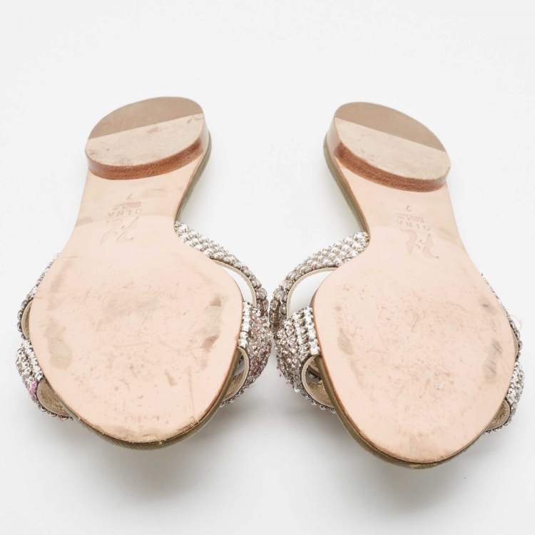 Pre Owned Gina Gold Crystal Embellished Leather Strappy Flat Slides Size 40
