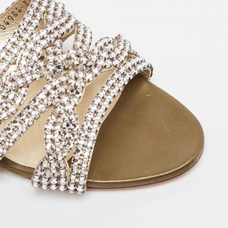 Pre Owned Gina Gold Crystal Embellished Leather Strappy Flat Slides Size 40