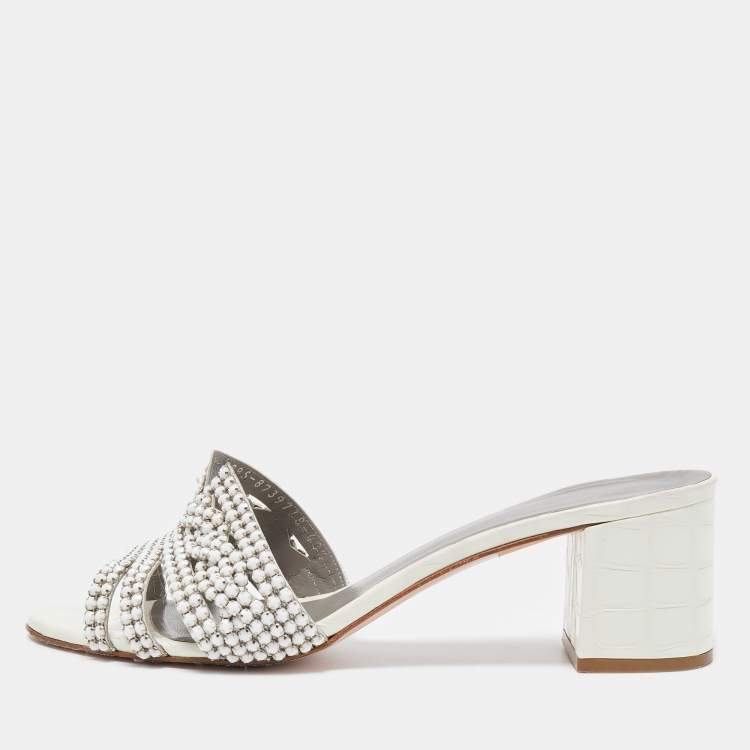Pre Owned Gina White Crystal Embellished Leather Block Heel Slide Sandals Size 40.5