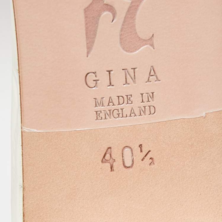 Pre Owned Gina White Crystal Embellished Leather Block Heel Slide Sandals Size 40.5