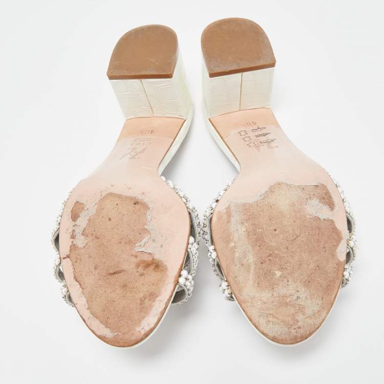 Pre Owned Gina White Crystal Embellished Leather Block Heel Slide Sandals Size 40.5