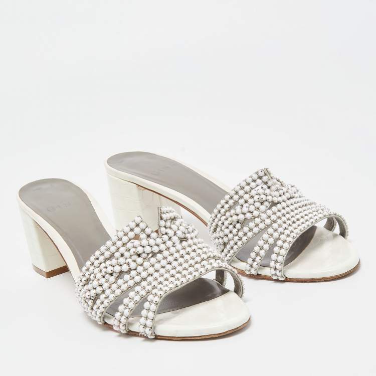 Pre Owned Gina White Crystal Embellished Leather Block Heel Slide Sandals Size 40.5