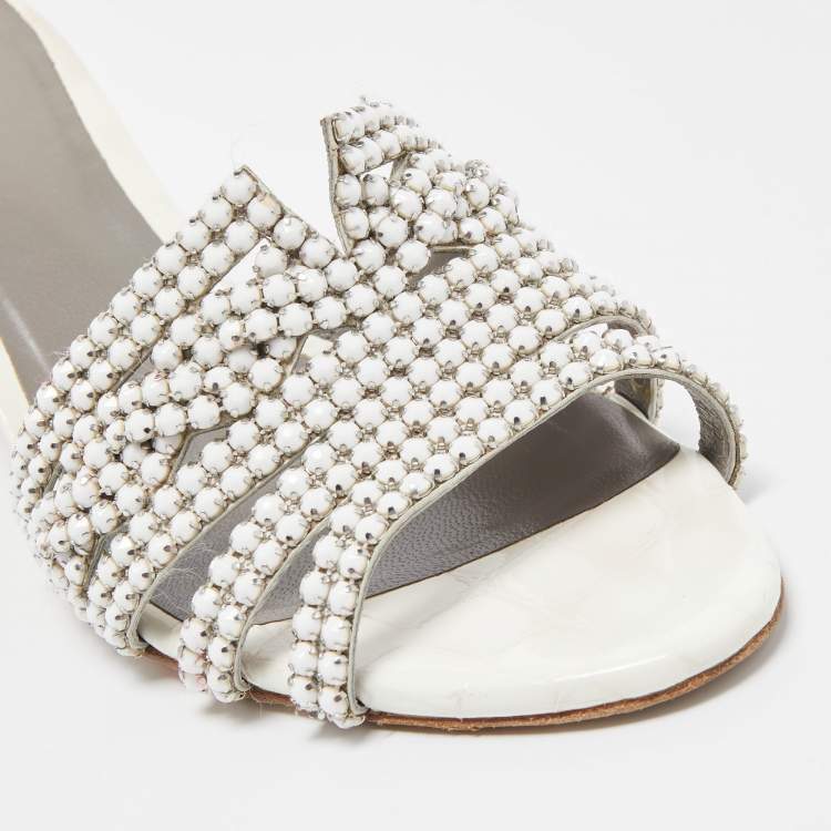 Pre Owned Gina White Crystal Embellished Leather Block Heel Slide Sandals Size 40.5