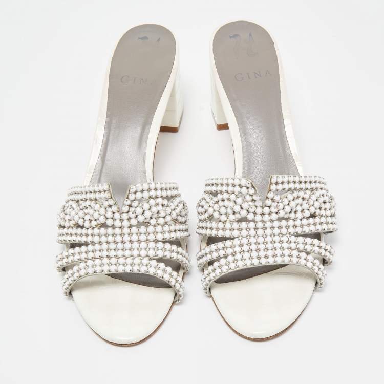 Pre Owned Gina White Crystal Embellished Leather Block Heel Slide Sandals Size 40.5